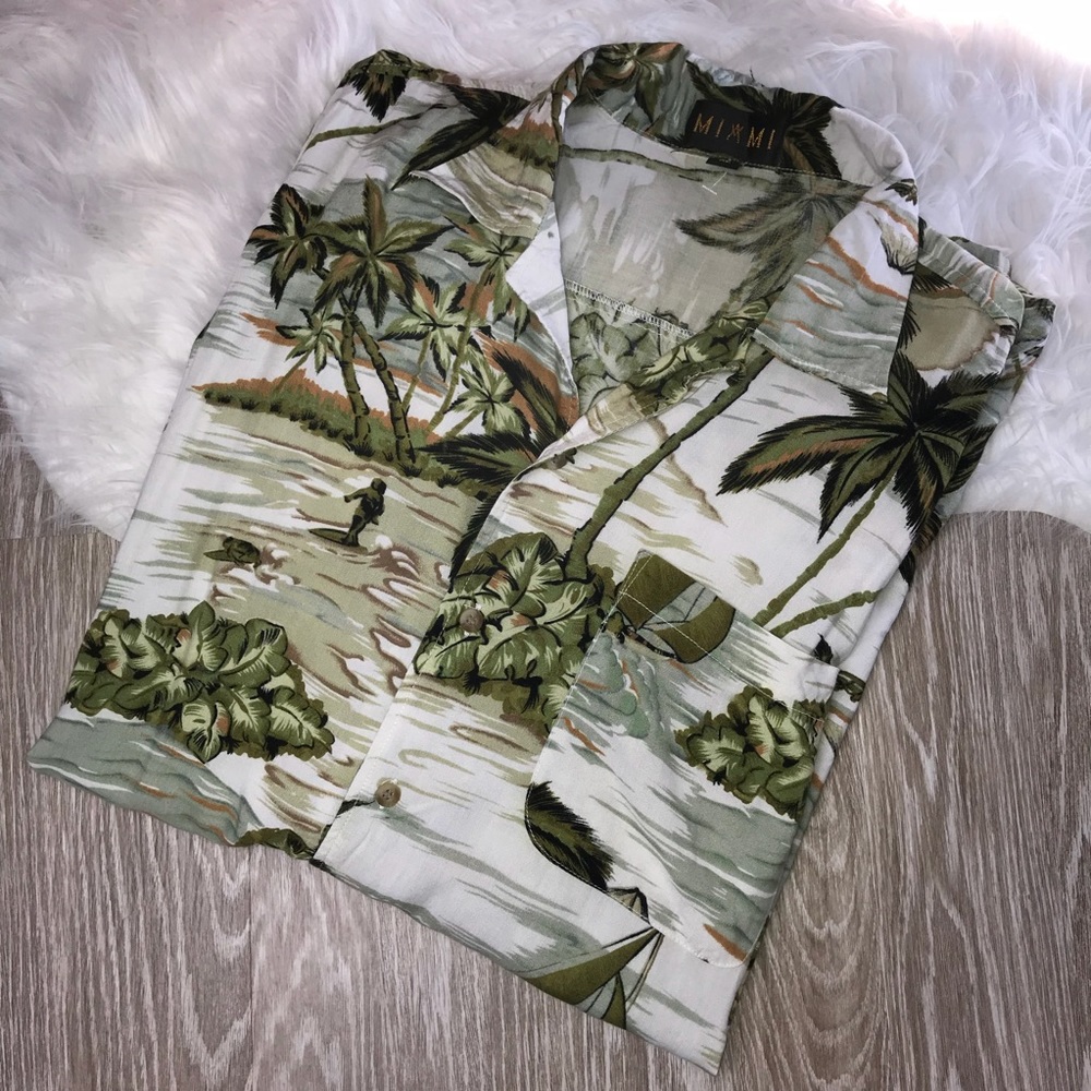 100% Rayon Green Print Hawaiian Shirt Miami XL